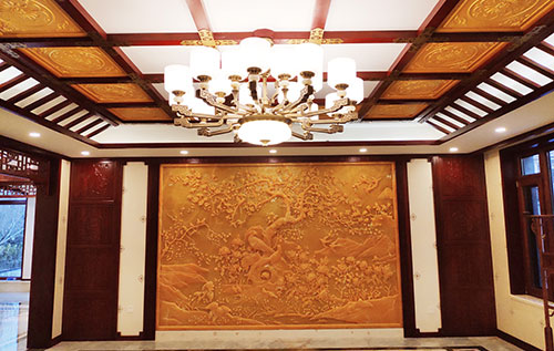播州中式别墅客厅中式木作横梁吊顶装饰展示