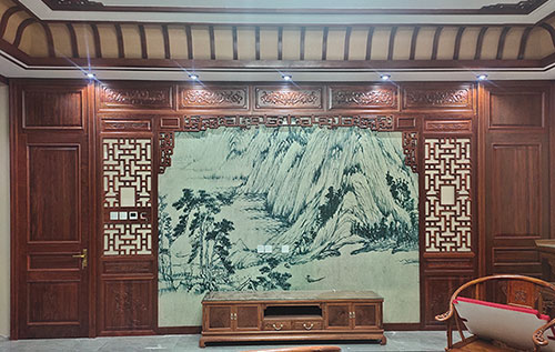 播州中式仿古别墅客厅背景墙花格木作装饰